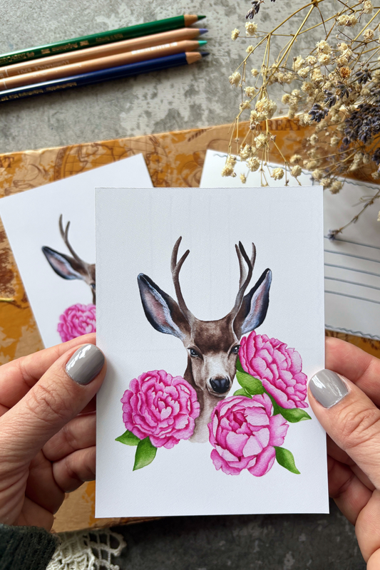 Peony Deer Delight Postcard