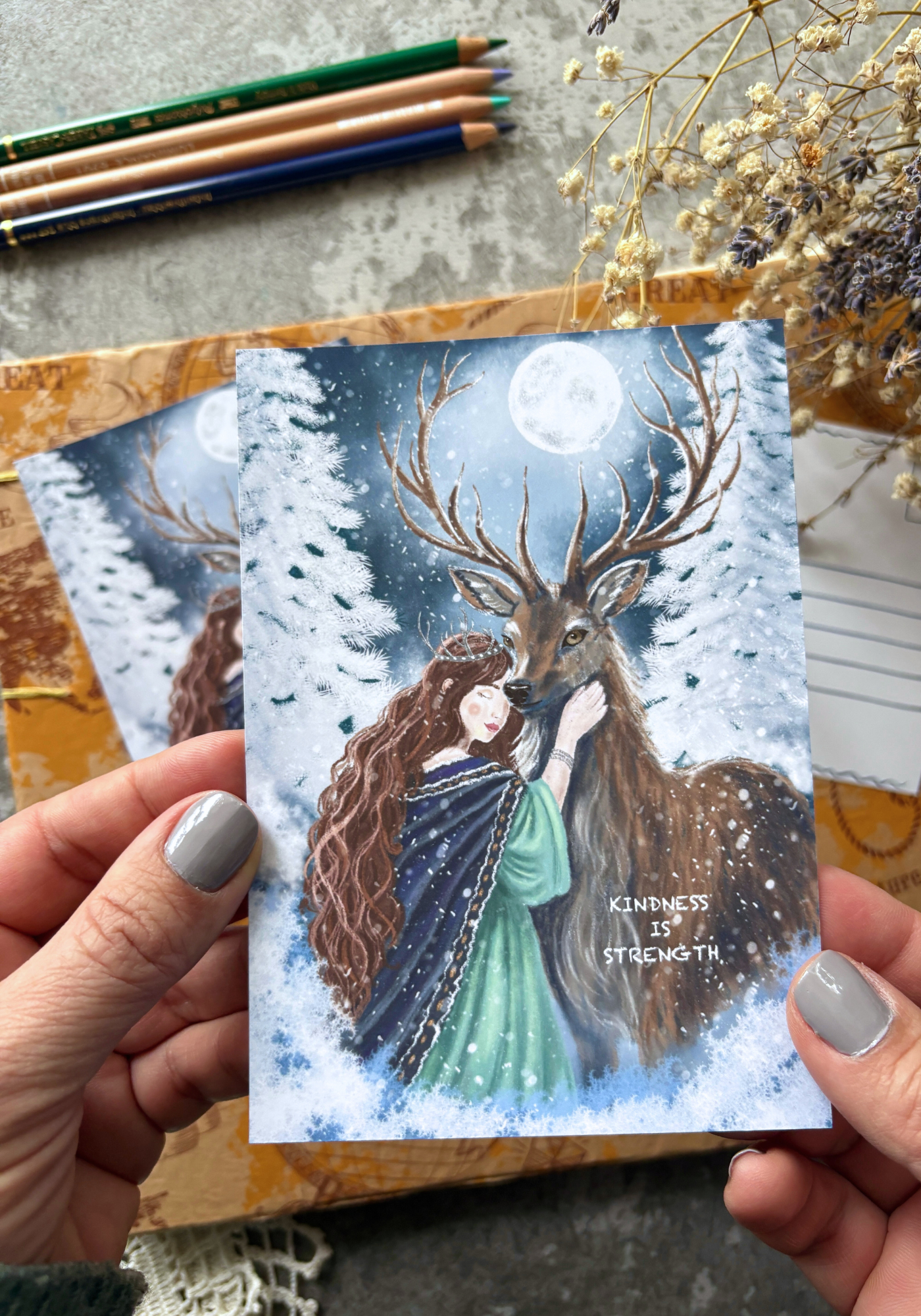 Moonlit Deer Embrace Postcard
