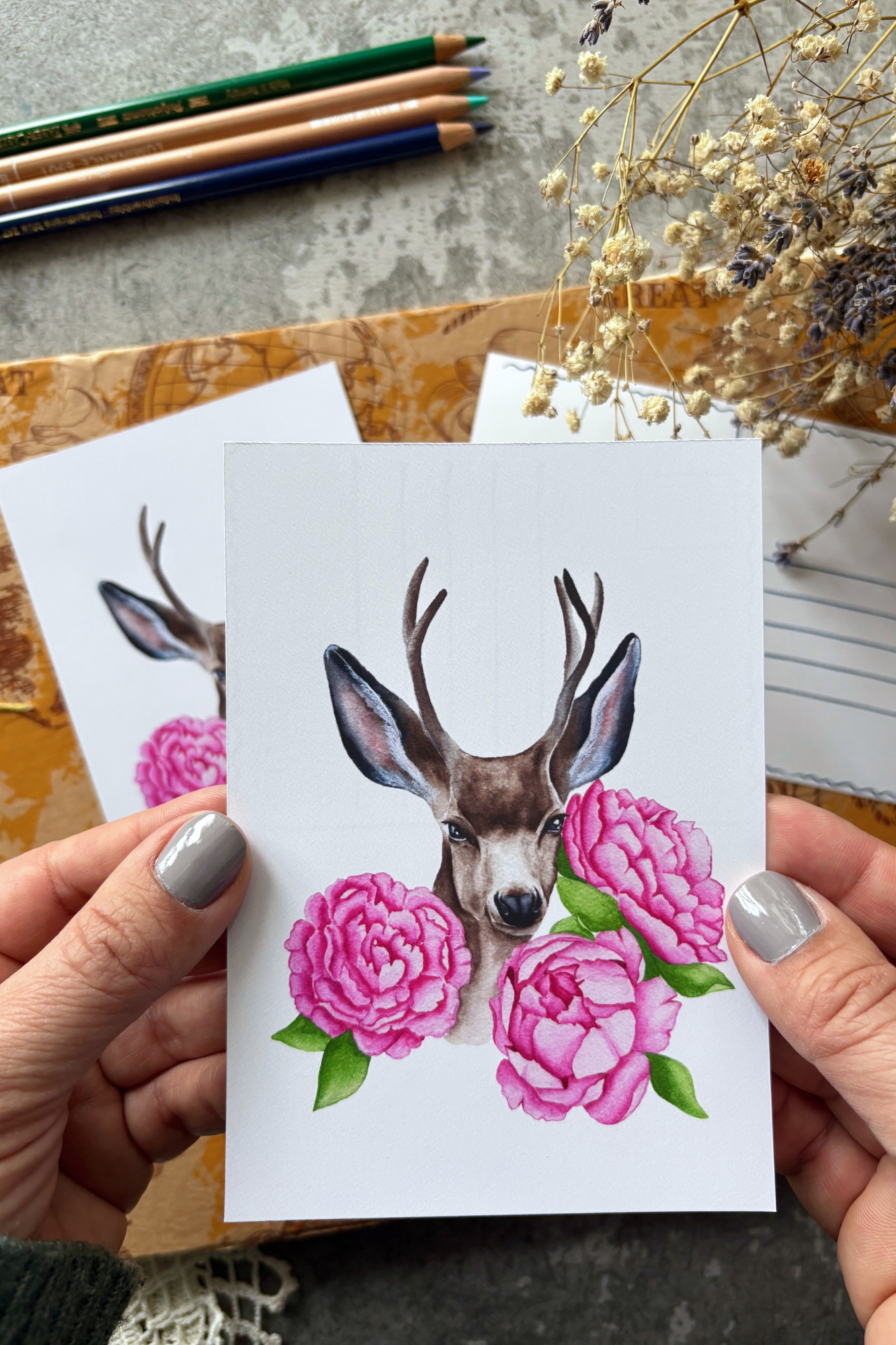 Peony Deer Delight Postcard