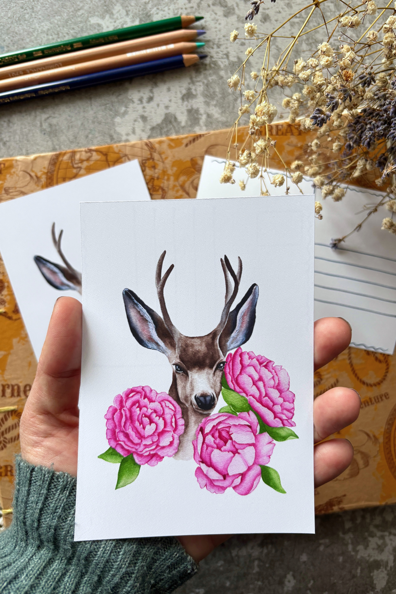 Peony Deer Delight Postcard