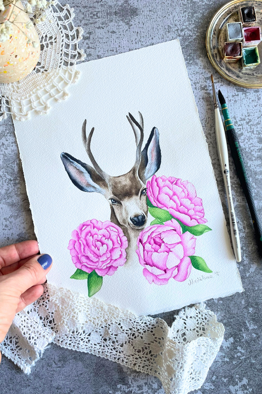 Peony Deer Delight Fine Art Print