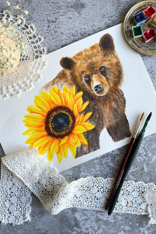 Bear & Golden Hues Original Painting on Cotton Paper