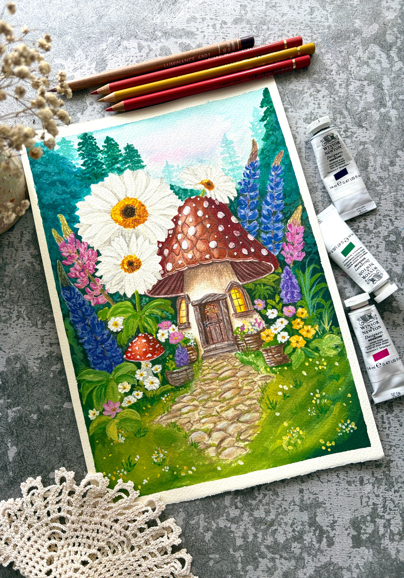 Bloomguard Cottage Original Painting on Cotton Paper